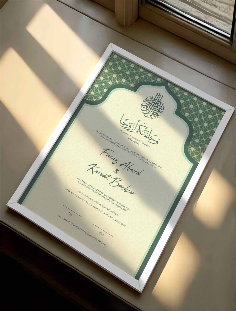 Lincoln Green Personalised Nikah Nama Frame - white