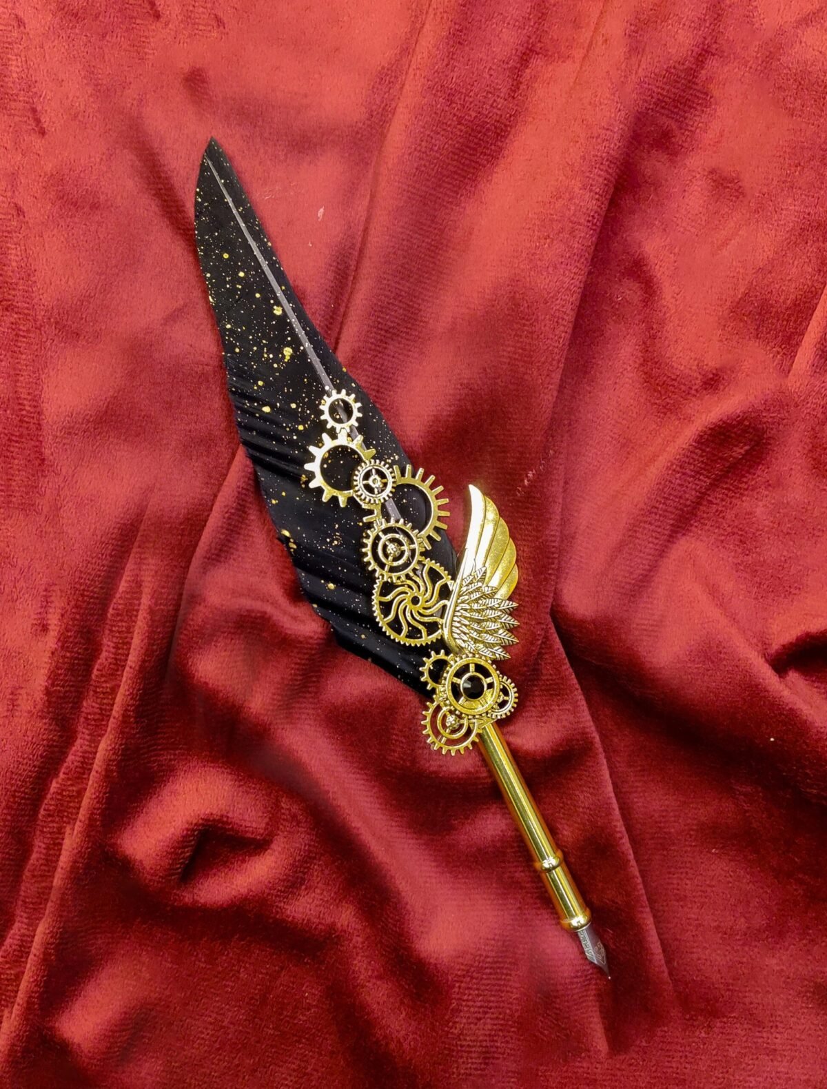 Vintage Quill Pen with Feather - Black Gold Metallic Dip Pen
