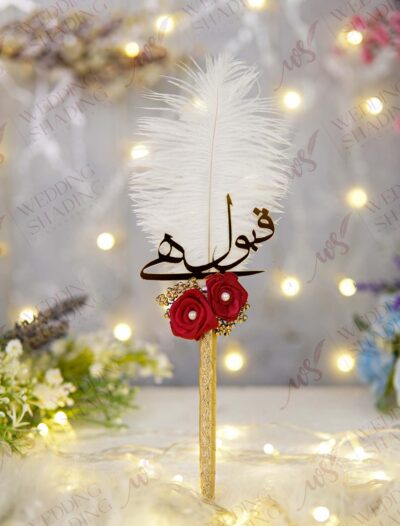 Gold & Red Nikkah Pen with White Feather & Qabool Hai Cutout