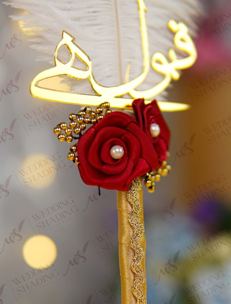 Gold & Red Nikkah Pen with White Feather & Qabool Hai Cutout