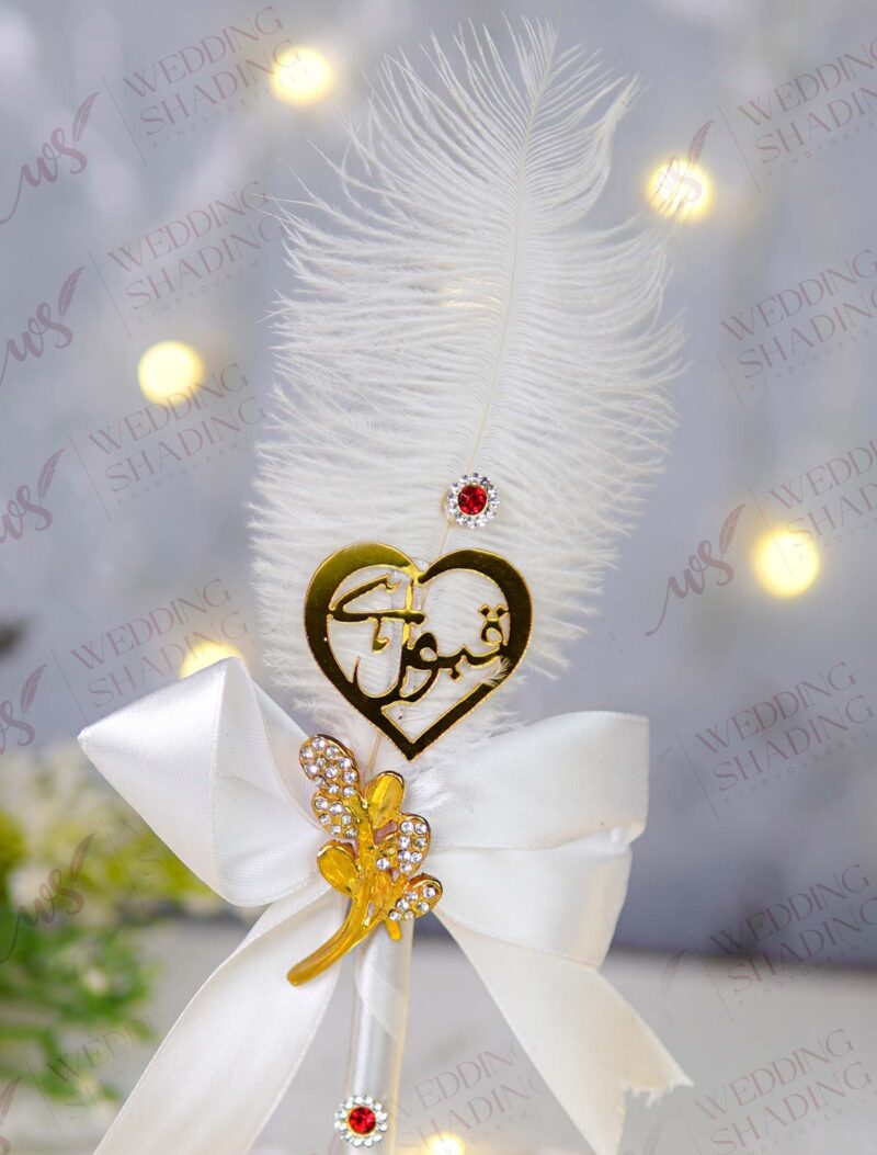 White Feather Nikkah Pen with Gold Qabool Hai Tag Premium Wedding Pen