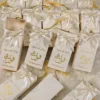 Close-up of luxurious satin ribbon on custom wedding box