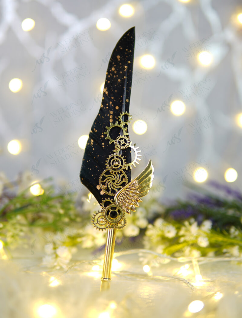 Beautiful gold speckle detailing across the black nikkah pen feather