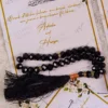 Custom wedding favour cards featuring Arabic calligraphy and tasbeeh