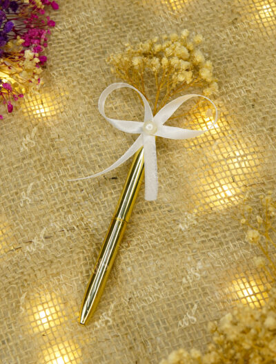Elegant Gold Metallic Nikkah Pen with Ribbon by Wedding Shading