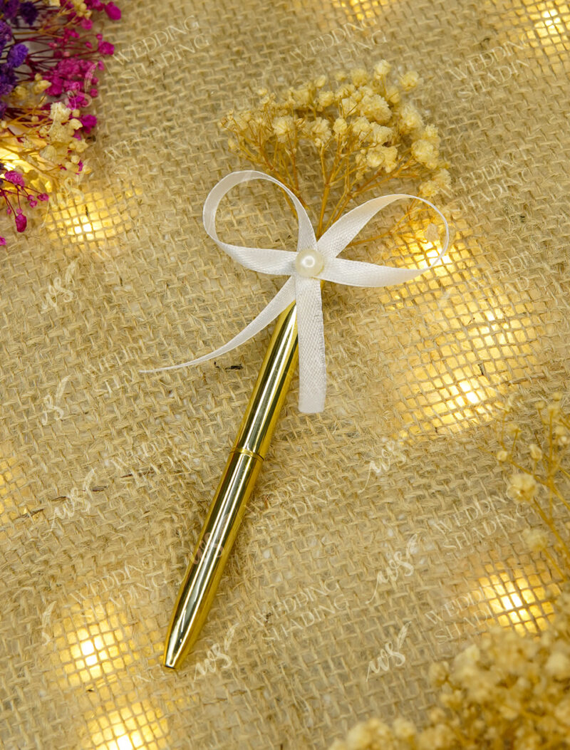 Elegant Gold Metallic Nikkah Pen with Ribbon by Wedding Shading