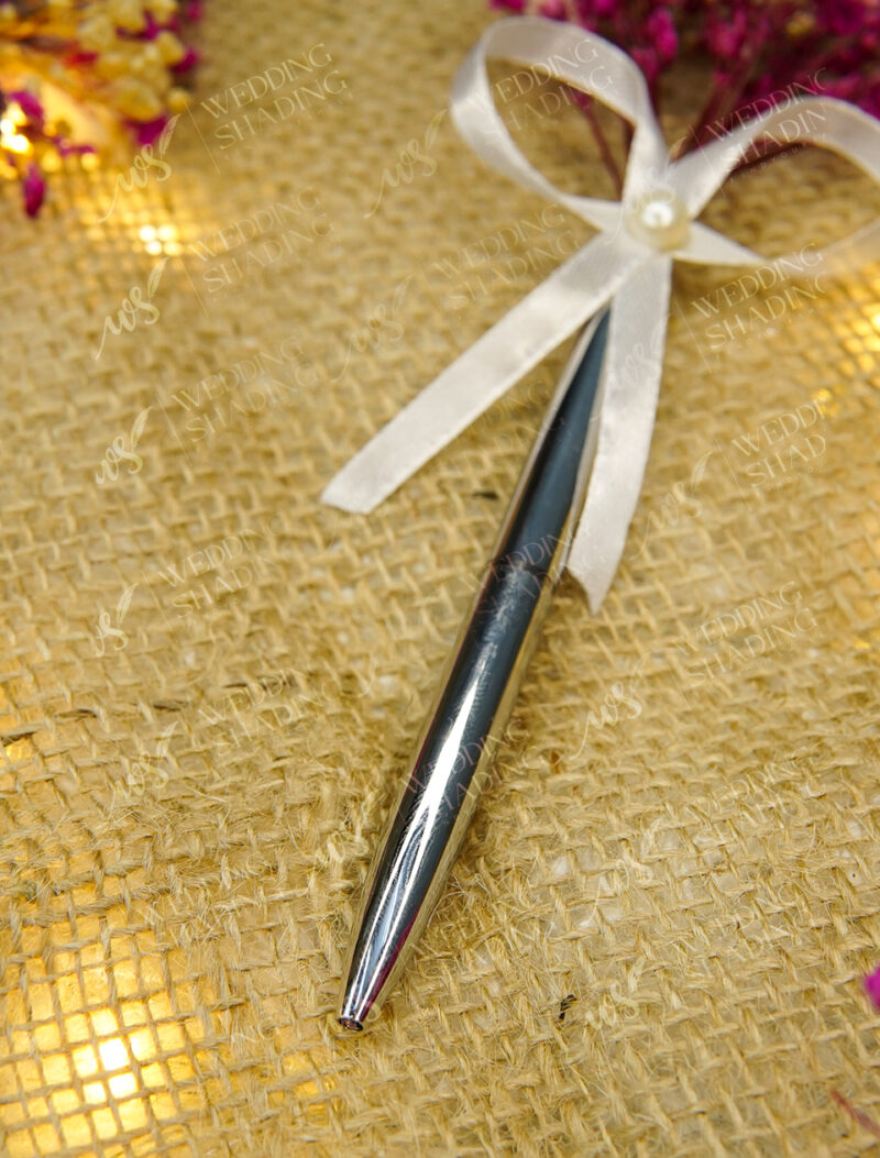 Elegant Silver Metallic Nikkah Pen with Ribbon by Wedding Shading