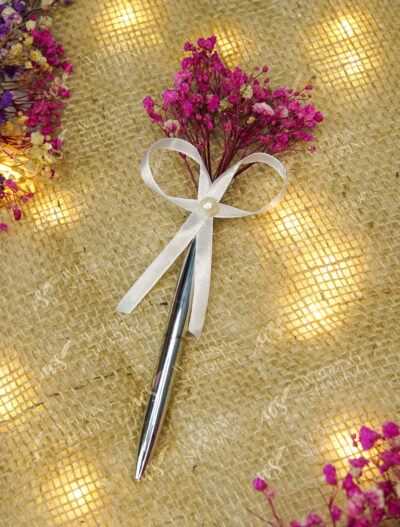 Elegant Silver Metallic Nikkah Pen with Ribbon by Wedding Shading