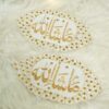 Pointed oval white velvet Imam Zamin with gold MashaAllah calligraphy and gold rhinestone border details