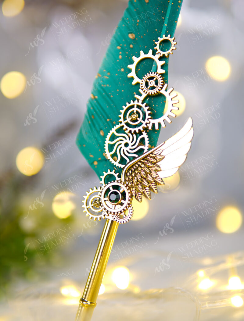 Beautiful interlocking golden steampunk gears alongside an intricate wing