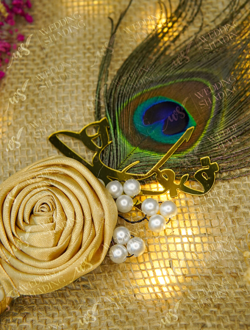 Close view of the hand-folded golden satin ribbon rose top