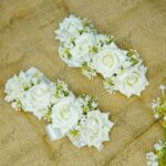 Pair of white rose handcrafted floral gajray with white delicate accents on white satin ribbon