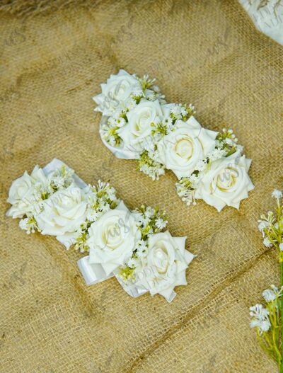 Pair of white rose handcrafted floral gajray with white delicate accents on white satin ribbon