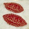 Pair of pointed oval red velvet Imam Zamin with gold MashaAllah calligraphy and heavy gold rhinestone scalloped border