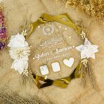 Custom hexagonal acrylic thumb plate for Nikah with white floral accents and gold trim - top view