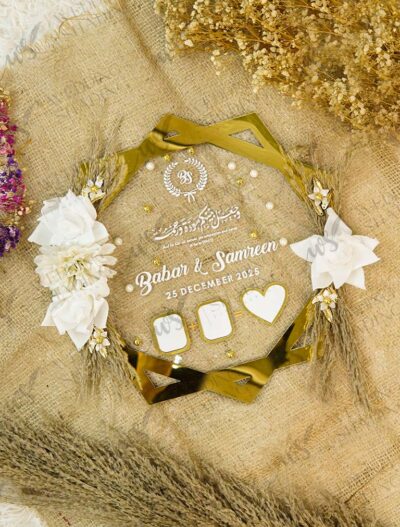 Custom hexagonal acrylic thumb plate for Nikah with white floral accents and gold trim - top view