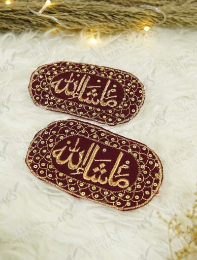 Pair of oval black velvet Imam Zamin with gold MashaAllah calligraphy and intricate gold floral and paisley embroidered borders