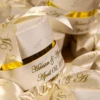 Round white Bid Boxes with gold rim and custom ribbon