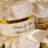 Close-up of gold printed names on elegant wedding ribbon