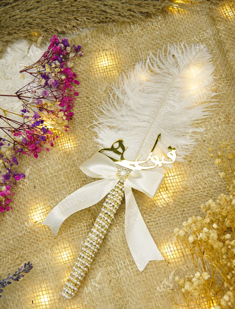 Pearl and Rhinestone White Feather Nikkah Pen by Wedding Shading