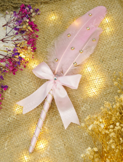 Full view of the soft pink feather studded with bright rhinestones