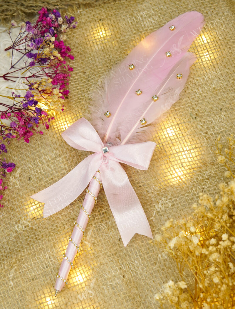 Full view of the soft pink feather studded with bright rhinestones