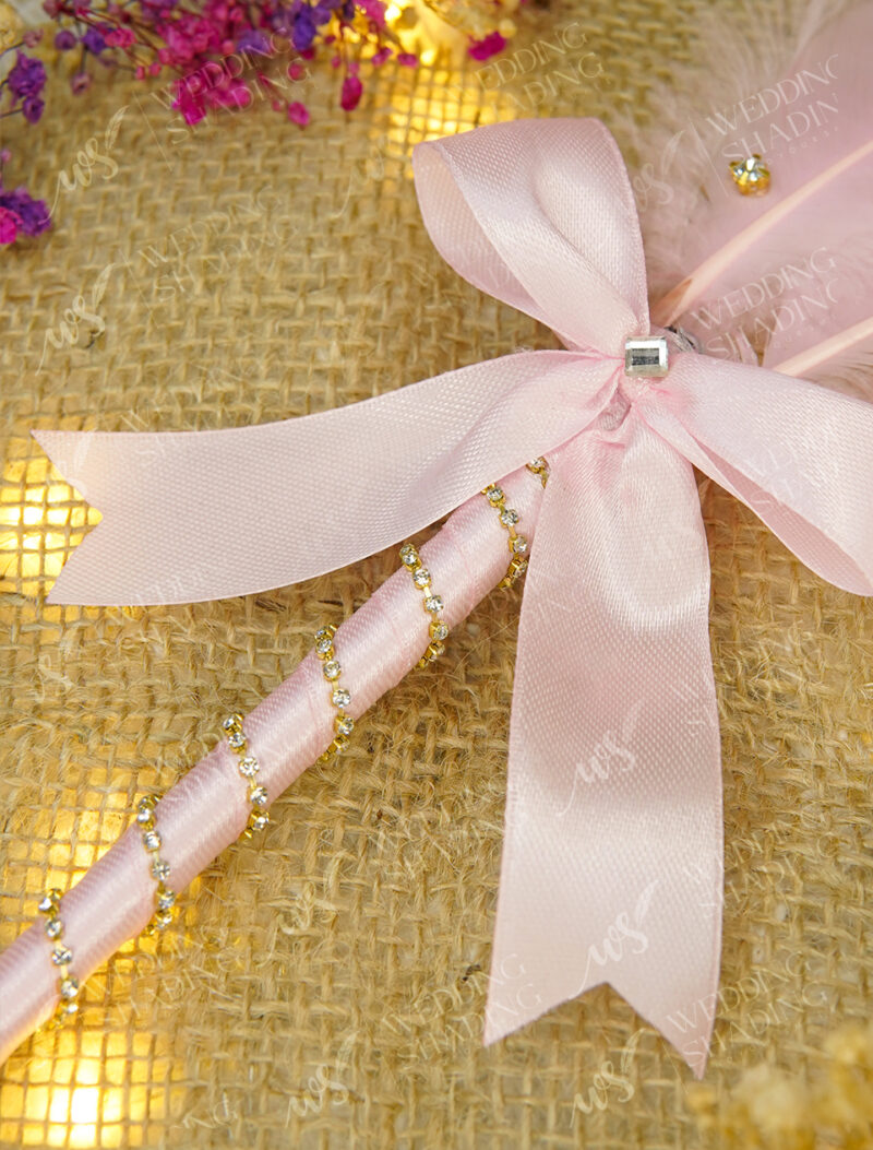 Pink Rhinestone Feather Nikkah Pen with Satin Bow by Wedding Shading