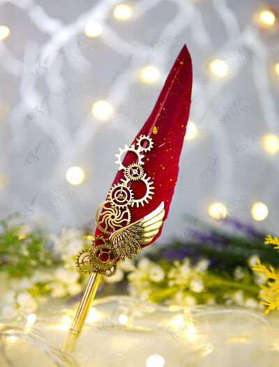 Red & Gold Steampunk Feather Nikkah Pen by Wedding Shading