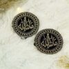 Pair of round black velvet Imam Zamin with gold embroidered MashaAllah calligraphy and chain-stitch border