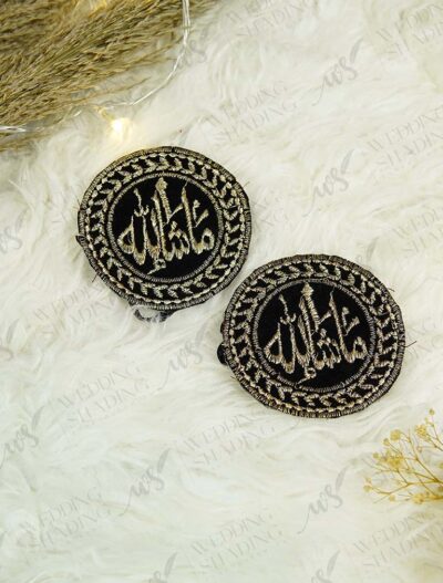 Pair of round black velvet Imam Zamin with gold embroidered MashaAllah calligraphy and chain-stitch border