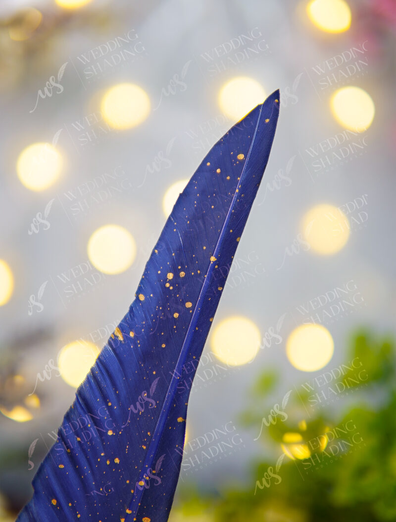 Sleek golden polished handle of the royal blue feather Nikkah pen