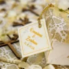 Custom square tag attached to rustic wedding favor box