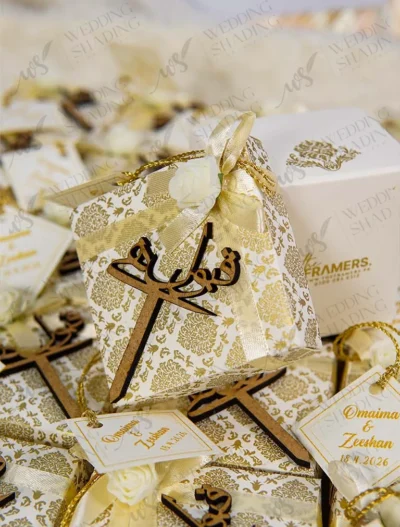 Elegant Nikkah sweet boxes tied with sheer cream ribbon