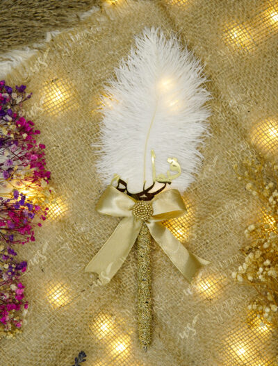 Textured Gold Ribbon White Feather Nikkah Pen by Wedding Shading