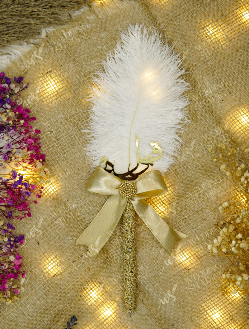 Textured Gold Ribbon White Feather Nikkah Pen by Wedding Shading