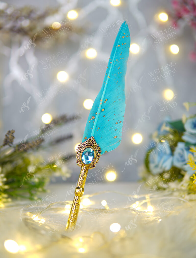 Turquoise Royal Gem Feather Nikkah Pen by Wedding Shading