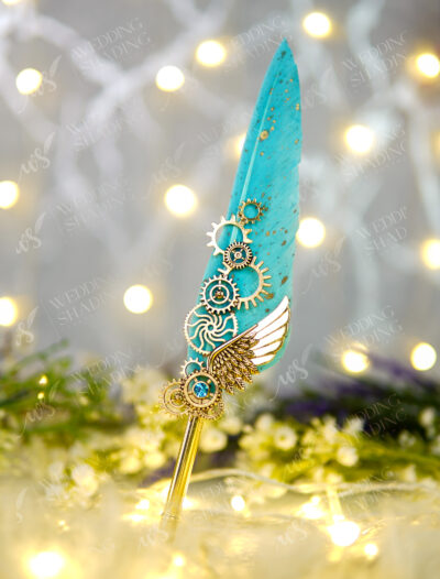 Turquoise Winged Steampunk Feather Nikkah Pen by Wedding Shading