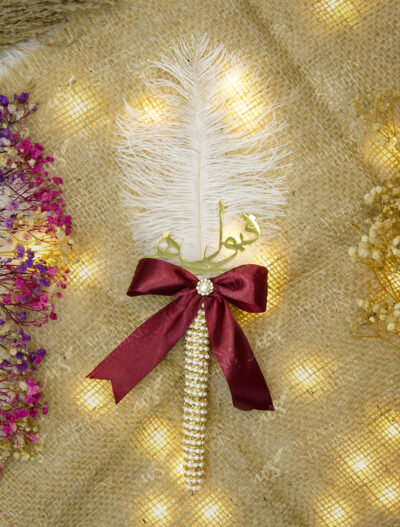 White Feather Nikkah Pen with Burgundy Bow by Wedding Shading