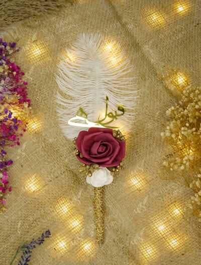 White Feather Nikkah Pen with Burgundy Rose and gold details by Wedding Shading