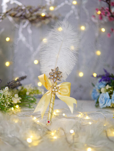 Golden satin ribbon handle close-up with pearl cluster and red gem detail