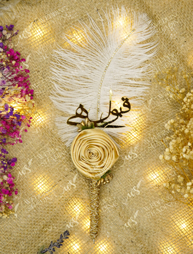 White Feather Nikkah Pen with Golden Rose by Wedding Shading