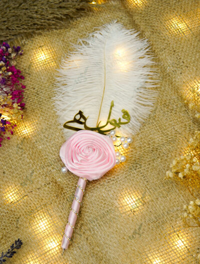 White Feather Nikkah Pen with Pink Satin Rose by Wedding Shading