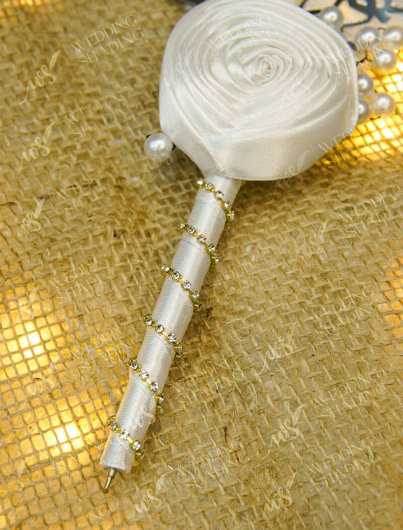 White Ribbon Rose Nikkah Pen with Rhinestones by Wedding Shading