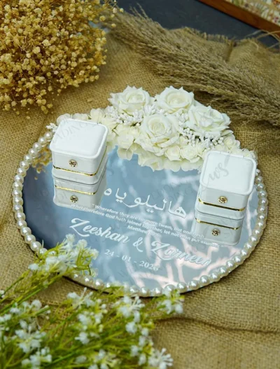 Custom mirror ring tray with white flowers and ribbon bow