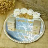 Round mirror Nikkah ring tray with pearl border and custom gold text