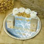 Round mirror Nikkah ring tray with pearl border and custom gold text
