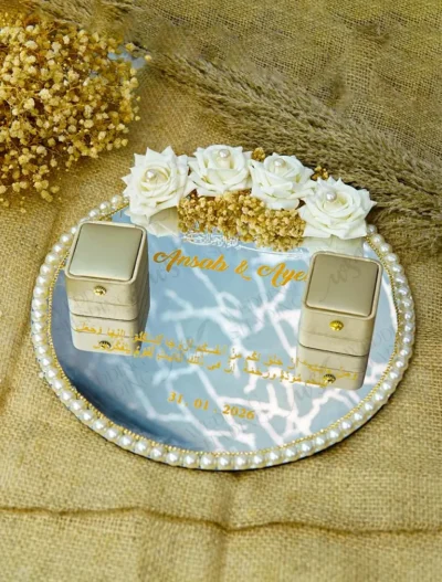 Round mirror Nikkah ring tray with pearl border and custom gold text
