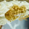 Full view of decorated pearl edge ring tray with floral arrangement