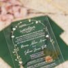 Green acrylic Nikkah invitation card with floral arch and green envelope