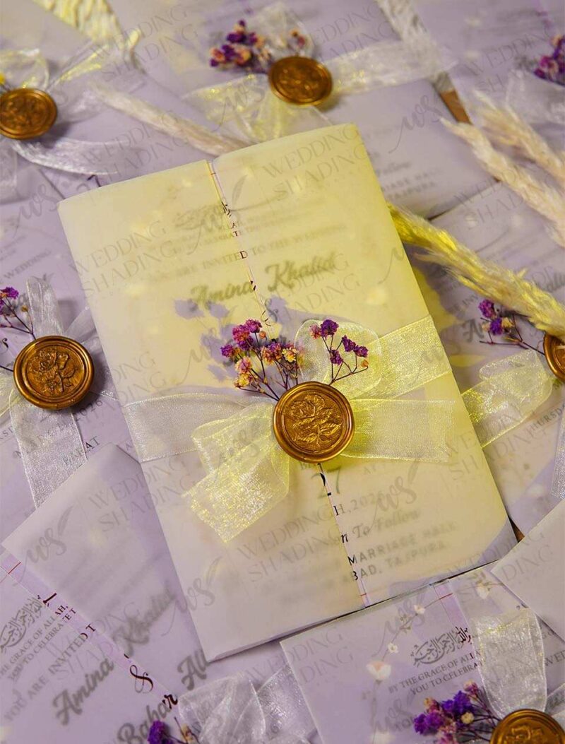 Lavender floral wedding card with white organza ribbon and gold wax seal